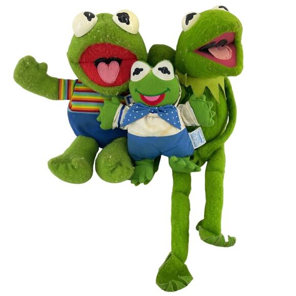 Vintage Lot of 3 Kermit the Frog The Muppets Plush Stuffed Toy Play Doll Rattle